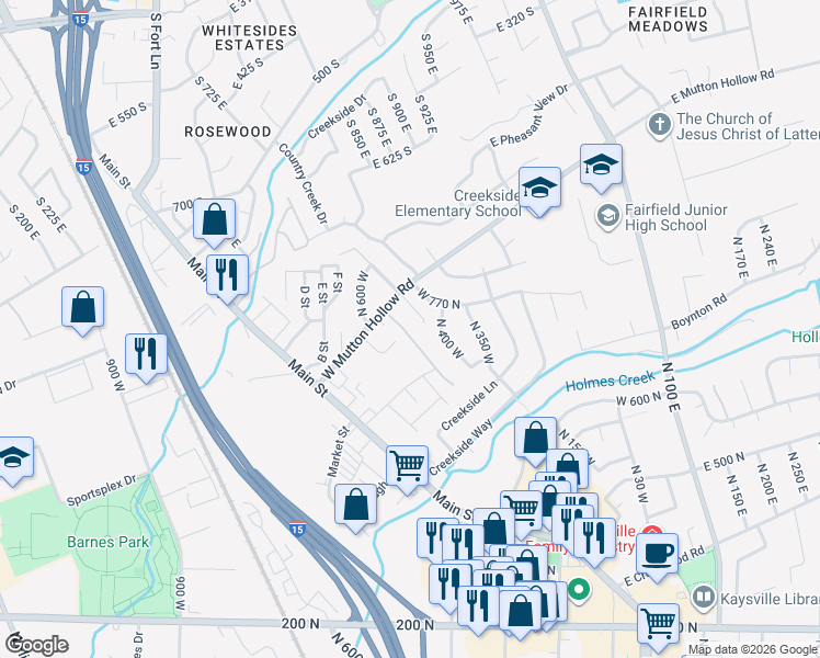 map of restaurants, bars, coffee shops, grocery stores, and more near 754 Stonne Lane in Kaysville