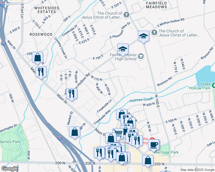 map of restaurants, bars, coffee shops, grocery stores, and more near 767 Creekside Lane in Kaysville