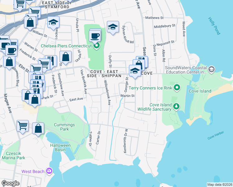 map of restaurants, bars, coffee shops, grocery stores, and more near 24 Willowbrook Place in Stamford