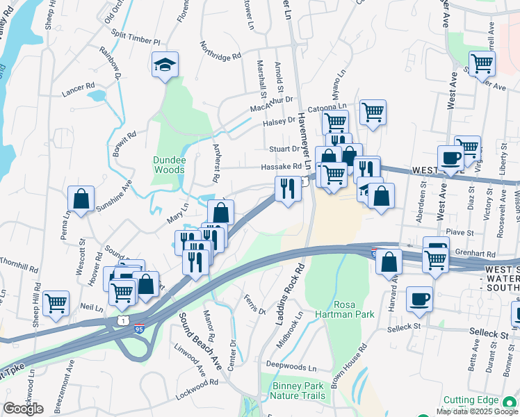 map of restaurants, bars, coffee shops, grocery stores, and more near 1465 East Putnam Avenue in Greenwich