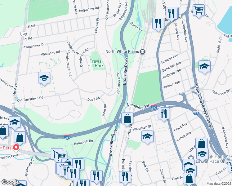 map of restaurants, bars, coffee shops, grocery stores, and more near 501 Old Kensico Road in White Plains