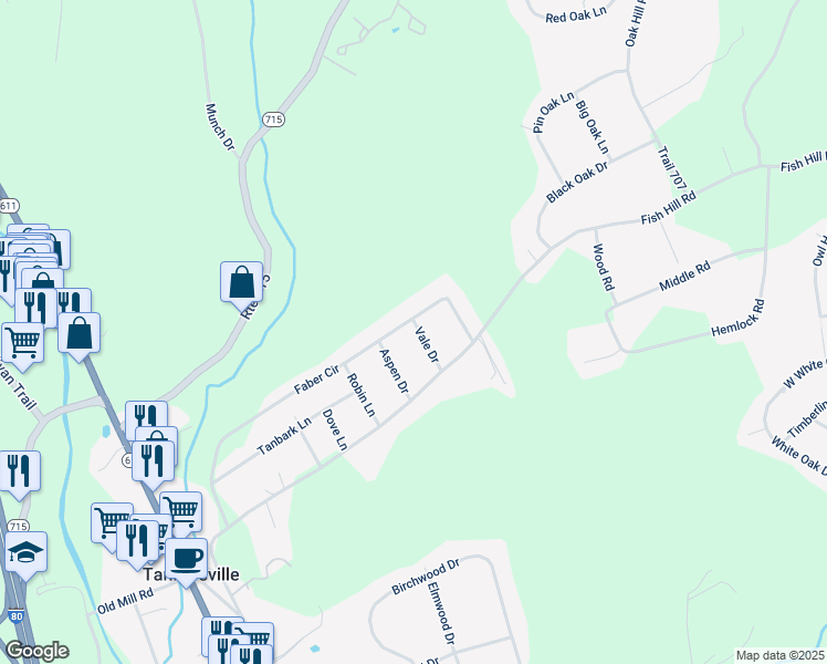 map of restaurants, bars, coffee shops, grocery stores, and more near Vale Drive in Tannersville