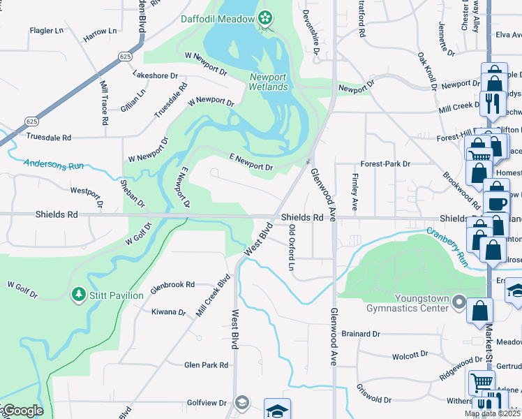 map of restaurants, bars, coffee shops, grocery stores, and more near 531 West Glen Drive in Youngstown