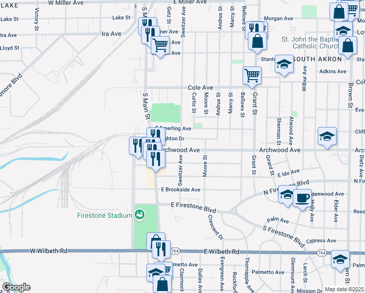 map of restaurants, bars, coffee shops, grocery stores, and more near 71 Brighton Drive in Akron