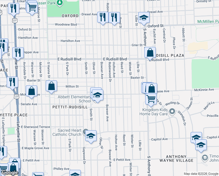 map of restaurants, bars, coffee shops, grocery stores, and more near 4118 Robinwood Drive in Fort Wayne