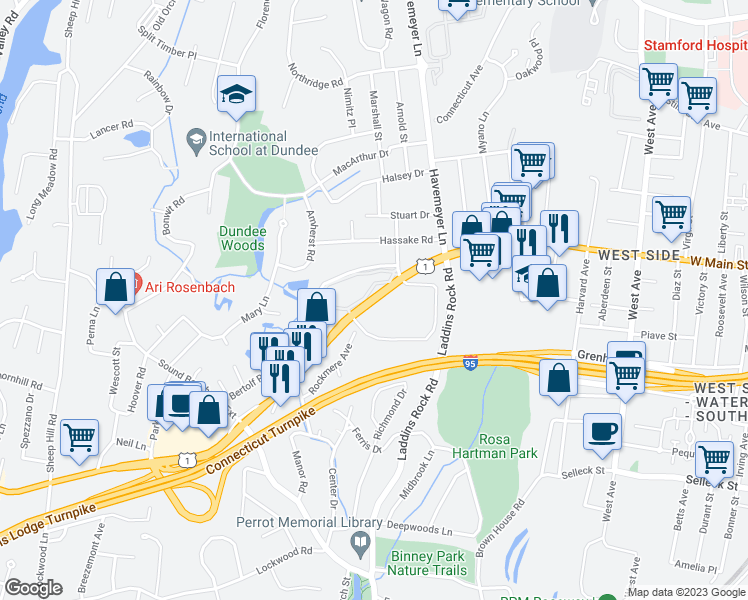 map of restaurants, bars, coffee shops, grocery stores, and more near 1465 East Putnam Avenue in Greenwich