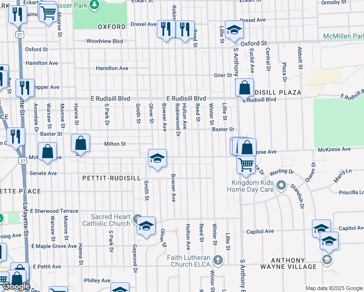 map of restaurants, bars, coffee shops, grocery stores, and more near 4205 Robinwood Drive in Fort Wayne