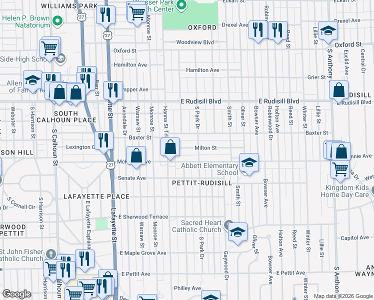 map of restaurants, bars, coffee shops, grocery stores, and more near 810 Milton Street in Fort Wayne