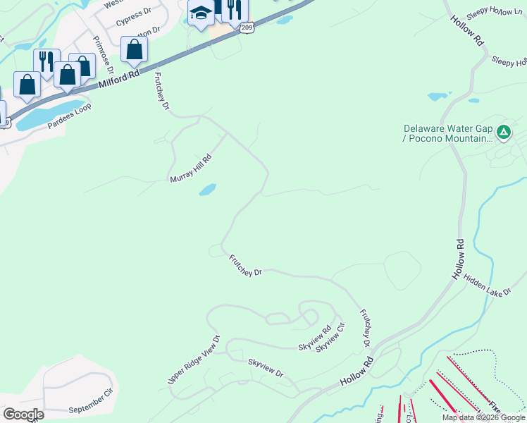 map of restaurants, bars, coffee shops, grocery stores, and more near 6043 Frutchey Drive in East Stroudsburg
