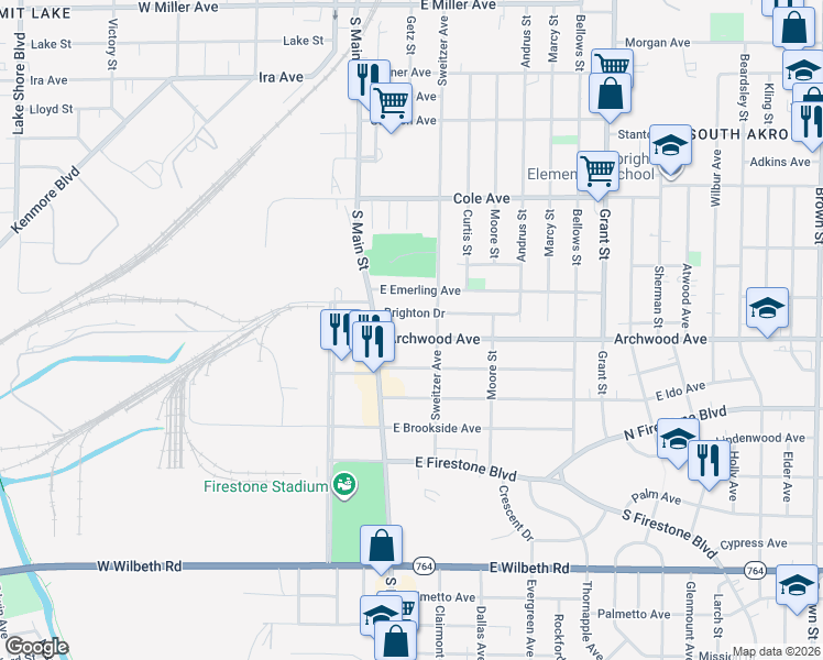 map of restaurants, bars, coffee shops, grocery stores, and more near 25 Brighton Drive in Akron