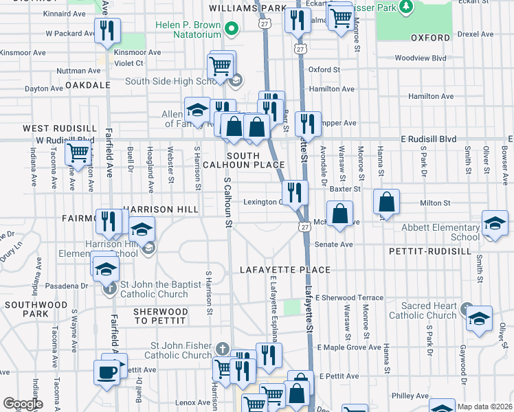 map of restaurants, bars, coffee shops, grocery stores, and more near 212 Lexington Court in Fort Wayne