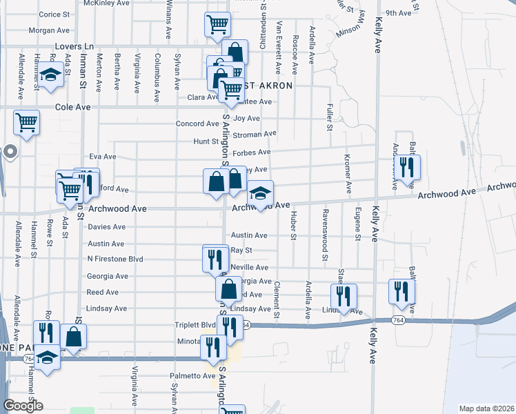 map of restaurants, bars, coffee shops, grocery stores, and more near 1060 East Archwood Avenue in Akron
