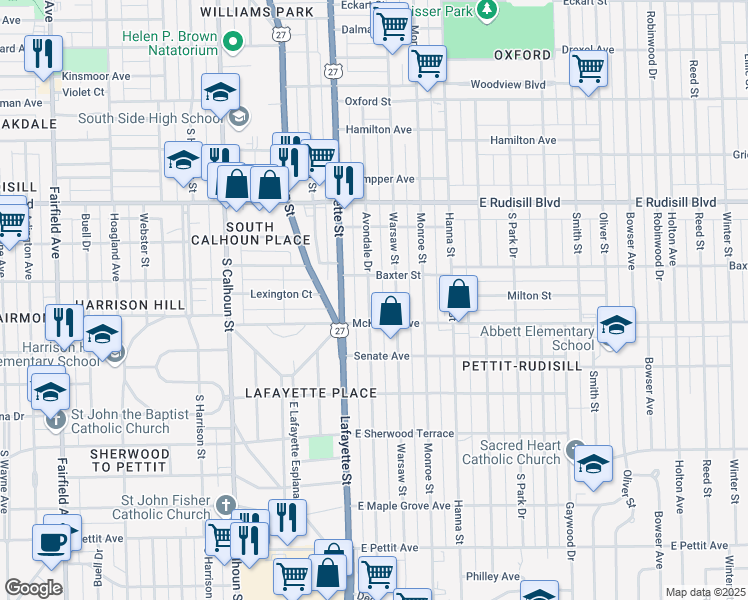 map of restaurants, bars, coffee shops, grocery stores, and more near 4201 Avondale Drive in Fort Wayne