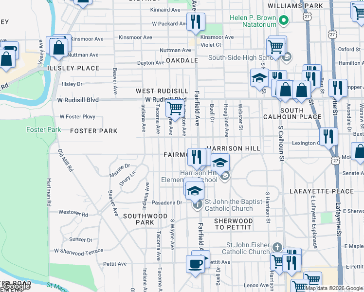 map of restaurants, bars, coffee shops, grocery stores, and more near 4118 Arlington Avenue in Fort Wayne