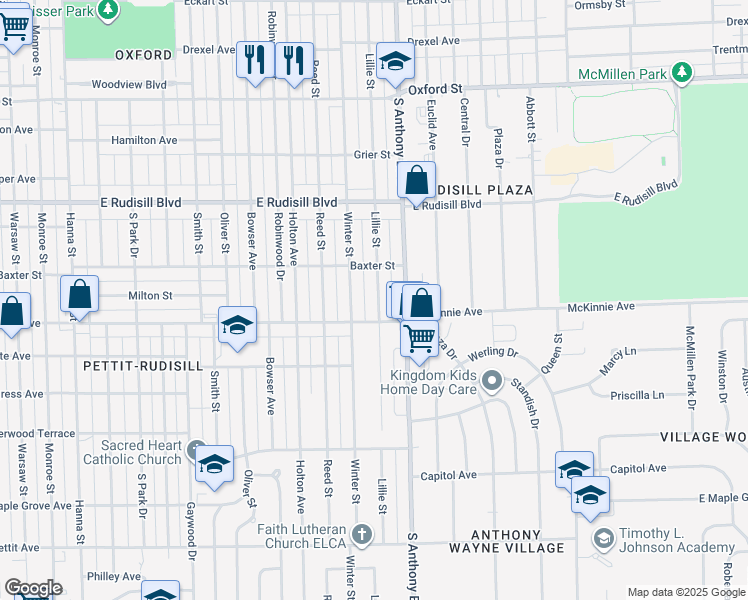 map of restaurants, bars, coffee shops, grocery stores, and more near 4206 Lillie Street in Fort Wayne