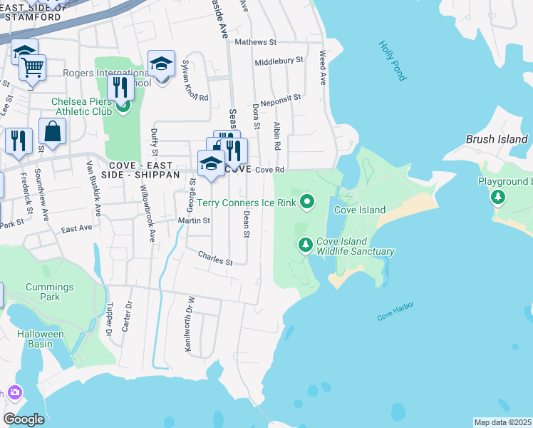 map of restaurants, bars, coffee shops, grocery stores, and more near 56 Euclid Avenue in Stamford