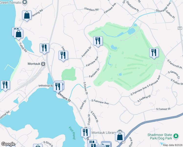 map of restaurants, bars, coffee shops, grocery stores, and more near 23 Fairlawn Drive in Montauk