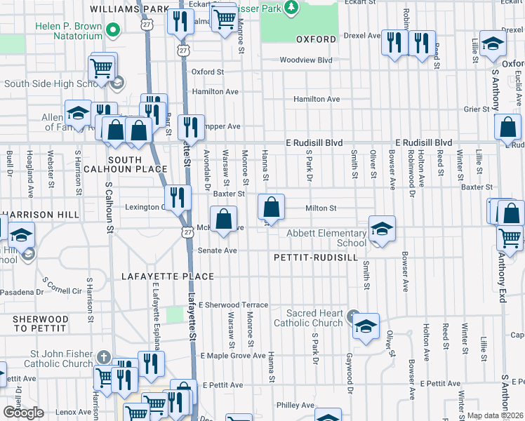 map of restaurants, bars, coffee shops, grocery stores, and more near 4118 Hanna Street in Fort Wayne