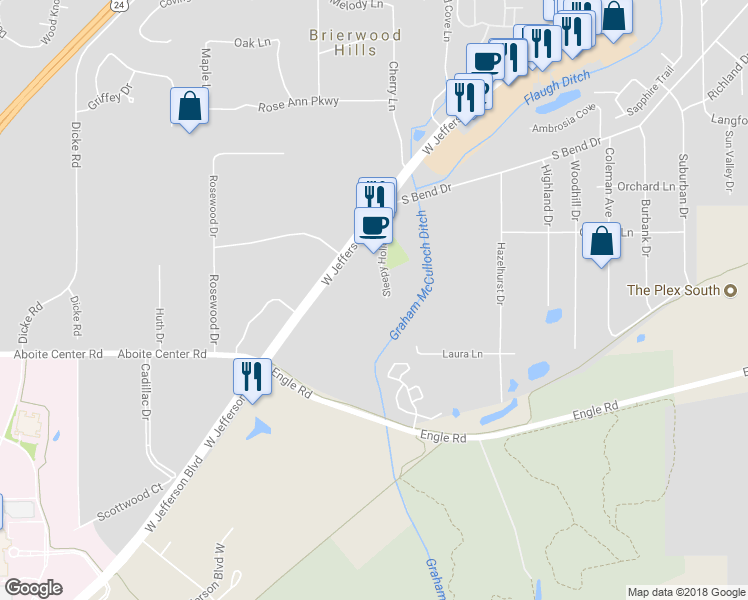 map of restaurants, bars, coffee shops, grocery stores, and more near 3904 Sleepy Hollow Lane in Fort Wayne