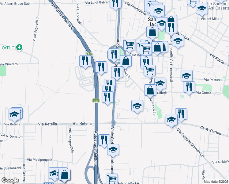 map of restaurants, bars, coffee shops, grocery stores, and more near Via Archimede in San Nicola La Strada