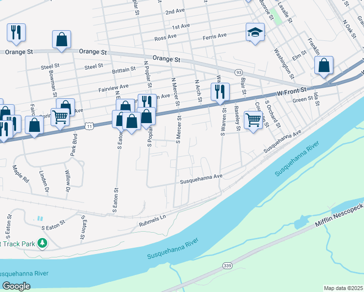 map of restaurants, bars, coffee shops, grocery stores, and more near 202 S Mercer St in Berwick