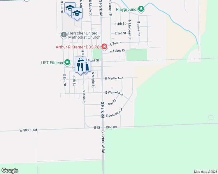 map of restaurants, bars, coffee shops, grocery stores, and more near 344 East Myrtle Avenue in Herscher