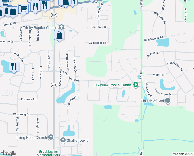 map of restaurants, bars, coffee shops, grocery stores, and more near 15346 Lakeview Parkway in Findlay