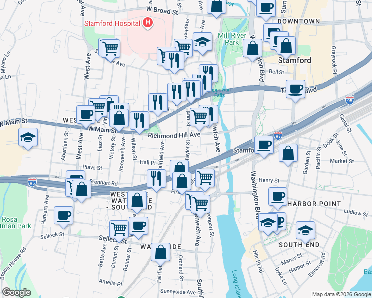map of restaurants, bars, coffee shops, grocery stores, and more near 28 Perry Street in Stamford
