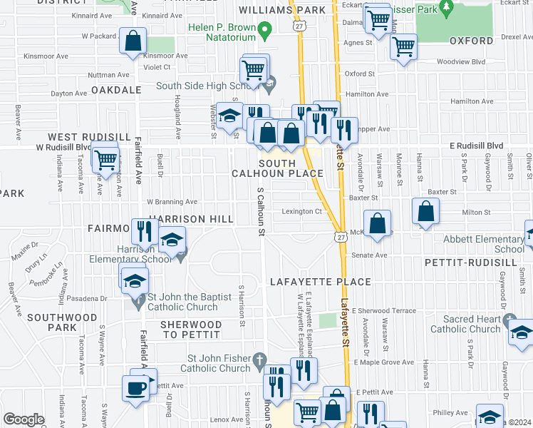 map of restaurants, bars, coffee shops, grocery stores, and more near 4203 South Calhoun Street in Fort Wayne