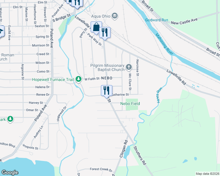 map of restaurants, bars, coffee shops, grocery stores, and more near 16 East Lewis Street in Struthers