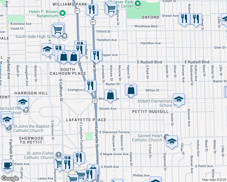 map of restaurants, bars, coffee shops, grocery stores, and more near 4203 Warsaw Street in Fort Wayne