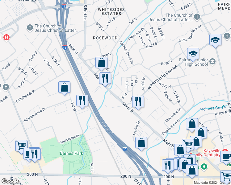 map of restaurants, bars, coffee shops, grocery stores, and more near 891 South Main Street in Layton