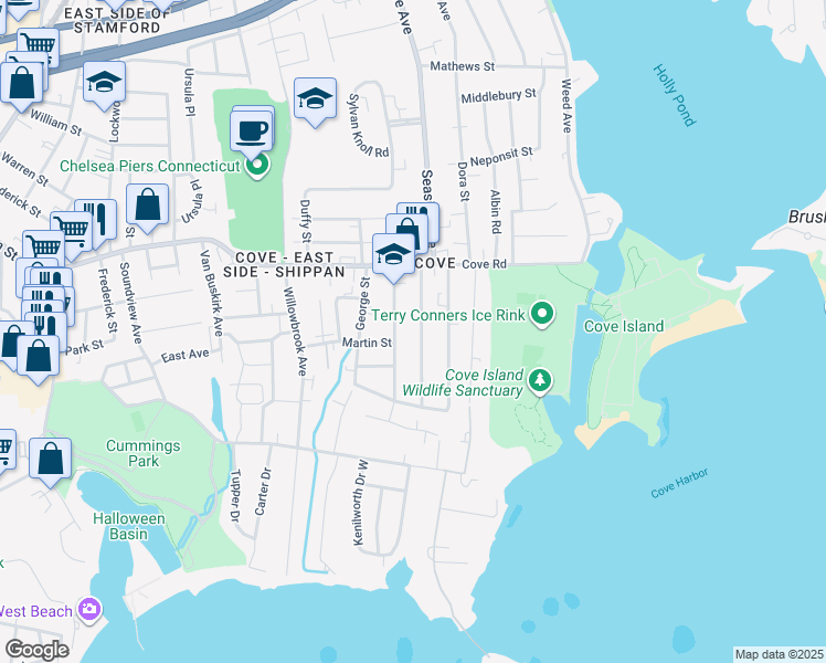 map of restaurants, bars, coffee shops, grocery stores, and more near 44 Horton Street in Stamford