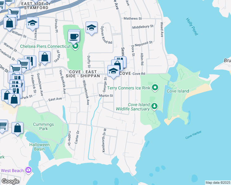 map of restaurants, bars, coffee shops, grocery stores, and more near 44 Horton Street in Stamford