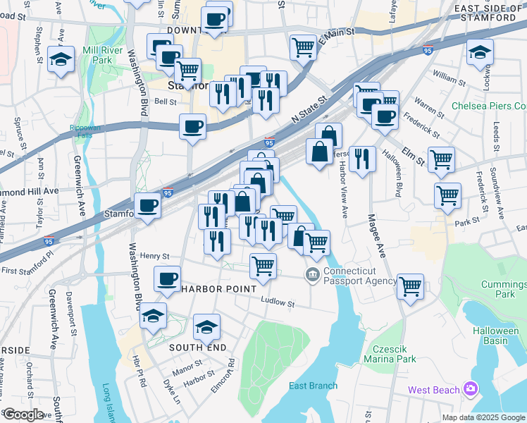 map of restaurants, bars, coffee shops, grocery stores, and more near 507 Canal Street in Stamford