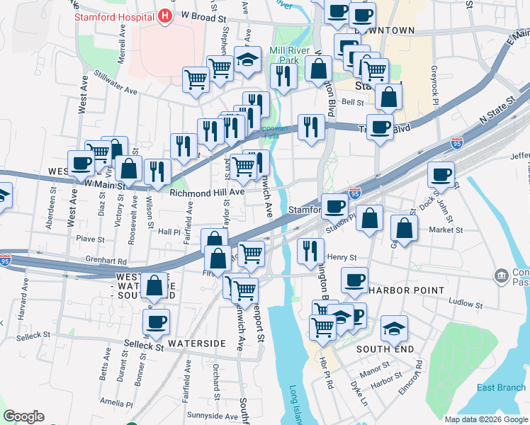 map of restaurants, bars, coffee shops, grocery stores, and more near 95 Greenwich Avenue in Stamford