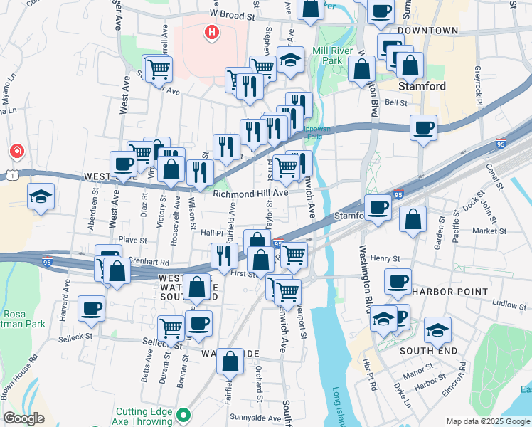 map of restaurants, bars, coffee shops, grocery stores, and more near 28 Perry Street in Stamford