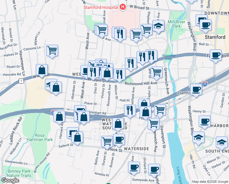map of restaurants, bars, coffee shops, grocery stores, and more near 16 Roosevelt Avenue in Stamford