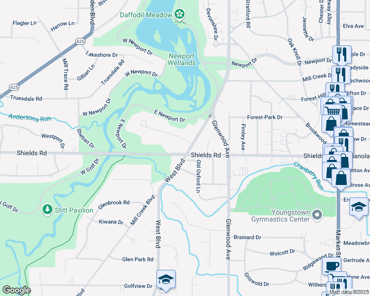 map of restaurants, bars, coffee shops, grocery stores, and more near 507 West Glen Drive in Boardman