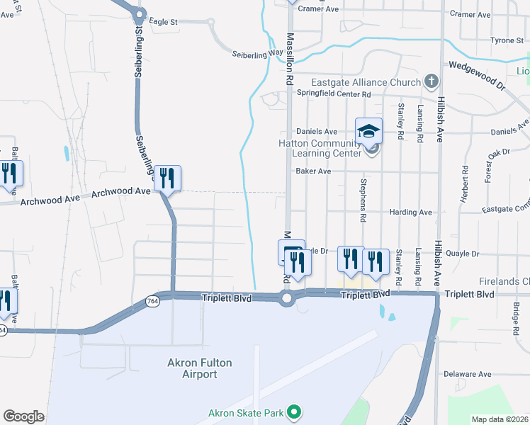 map of restaurants, bars, coffee shops, grocery stores, and more near Haley's Run Trail in Akron