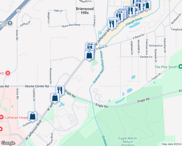 map of restaurants, bars, coffee shops, grocery stores, and more near 7127 West Jefferson Boulevard in Fort Wayne