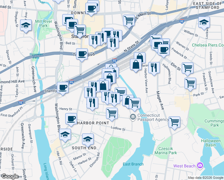 map of restaurants, bars, coffee shops, grocery stores, and more near 507 Canal Street in Stamford