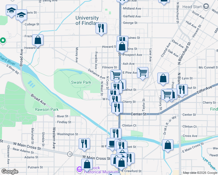 map of restaurants, bars, coffee shops, grocery stores, and more near in Findlay