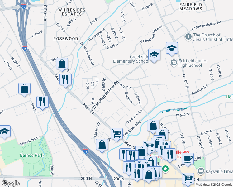 map of restaurants, bars, coffee shops, grocery stores, and more near 787 Crimson Court in Kaysville