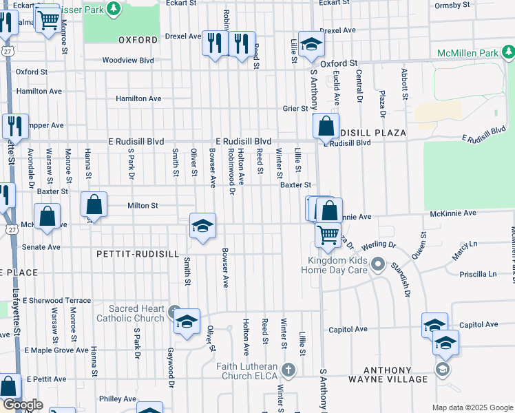 map of restaurants, bars, coffee shops, grocery stores, and more near 4202 Reed Street in Fort Wayne