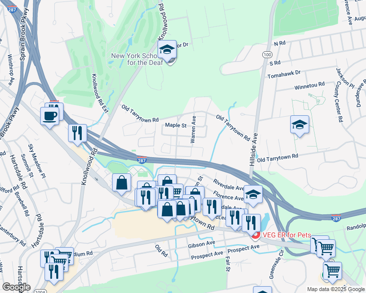 map of restaurants, bars, coffee shops, grocery stores, and more near Oak Street in Fairview