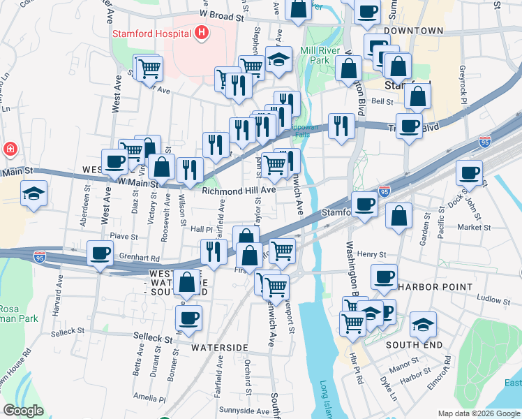 map of restaurants, bars, coffee shops, grocery stores, and more near 24 Taylor Street in Stamford