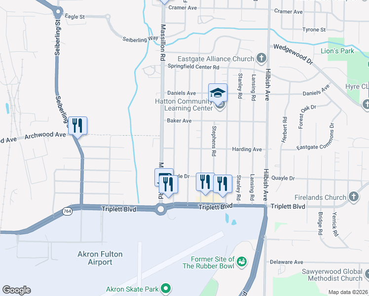 map of restaurants, bars, coffee shops, grocery stores, and more near 503 Gibbs Road in Akron
