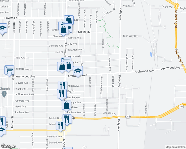 map of restaurants, bars, coffee shops, grocery stores, and more near 1137 East Archwood Avenue in Akron