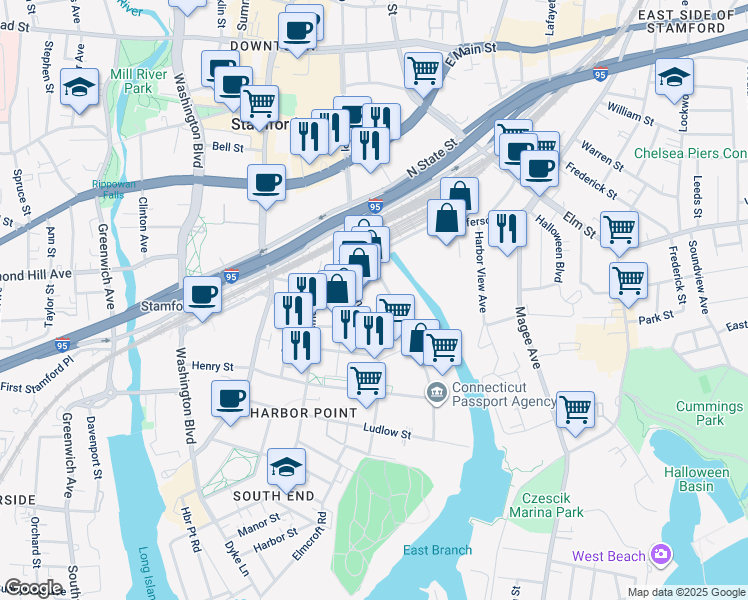 map of restaurants, bars, coffee shops, grocery stores, and more near 507 Canal Street in Stamford